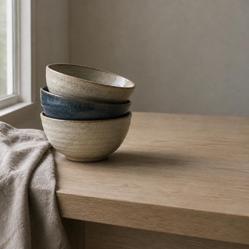 Three stoneware bowls in oatmeal and ink glazes stacked on bleached oak in north light