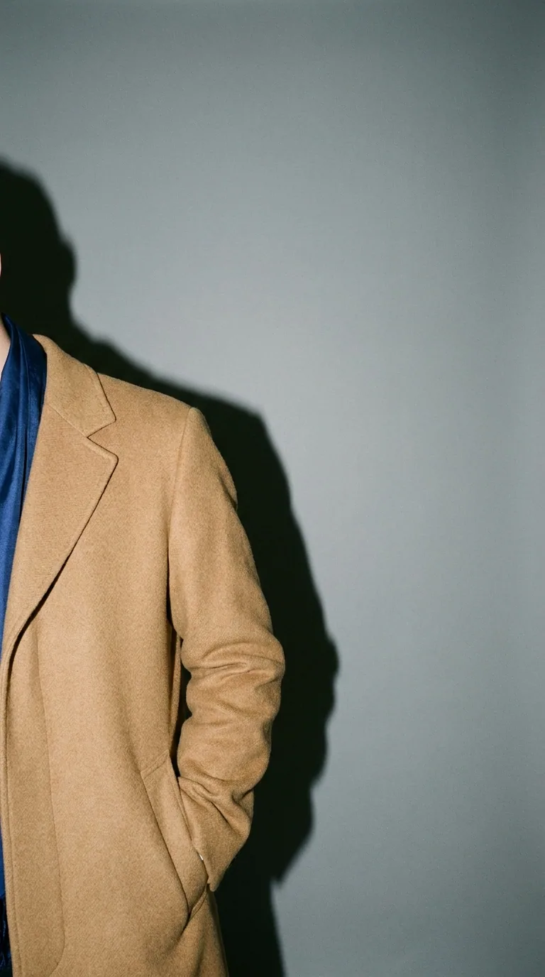 A camel wool overcoat with a cobalt silk scarf against a grey studio wall, one hard flash shadow, no face shown