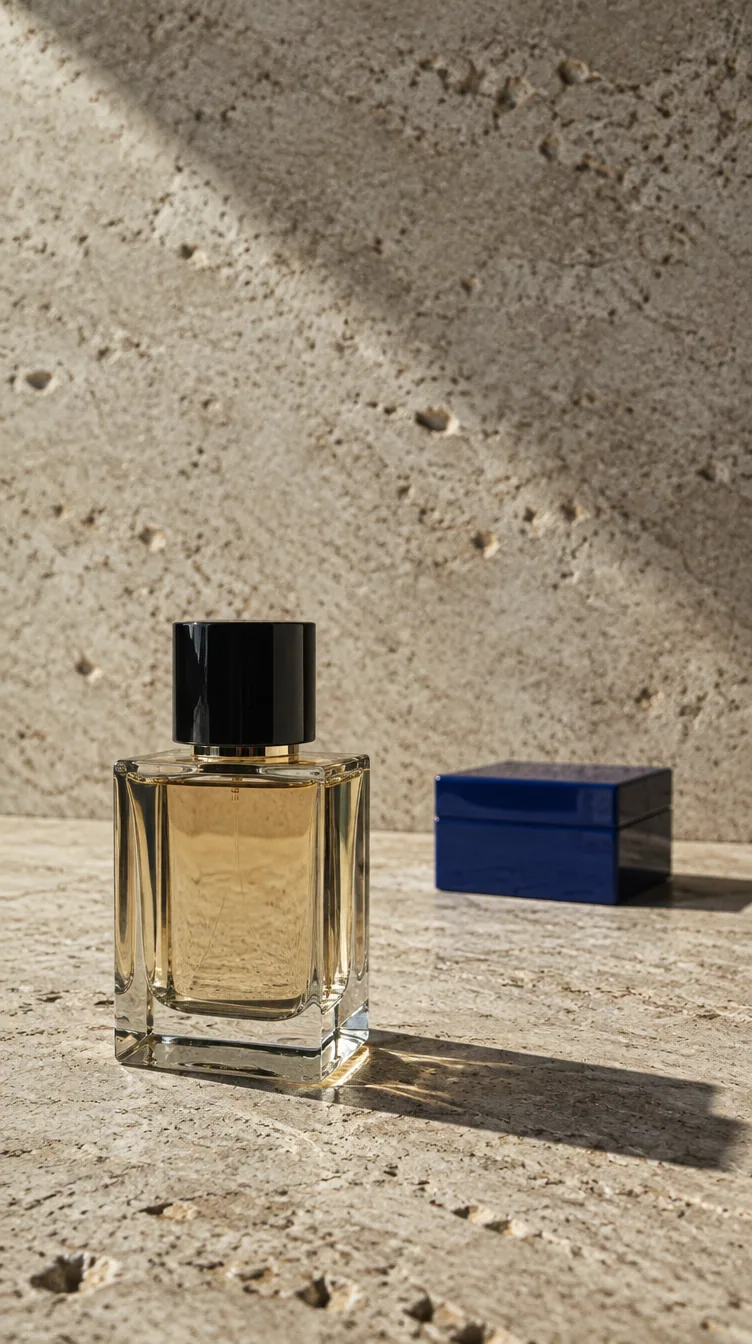 An unlabeled glass perfume bottle on raw travertine in hard noon light, vertical, a cobalt lacquer box behind