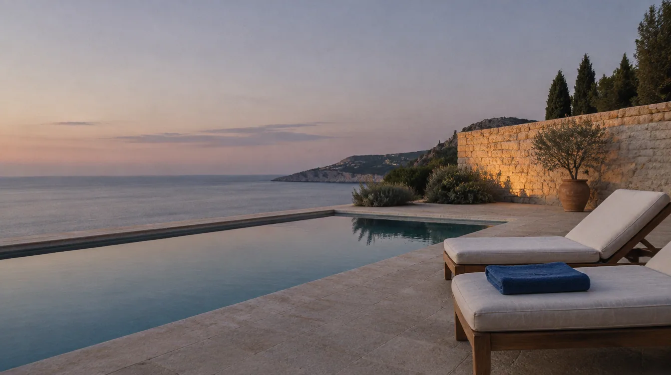 A rooftop pool at dusk with two linen loungers and a folded cobalt towel, limestone deck, pale sky