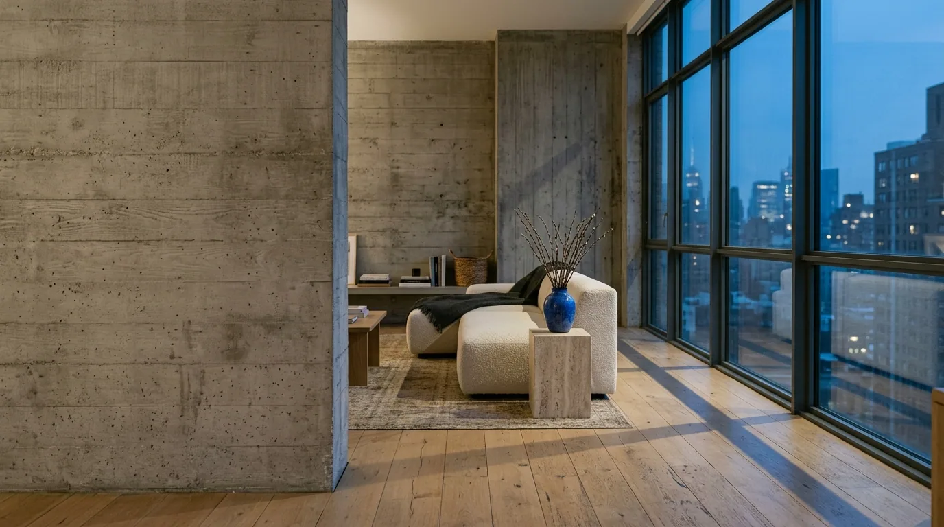 A concrete-and-oak loft living room in late sun, a cobalt vase on a travertine plinth, a muted skyline through the window