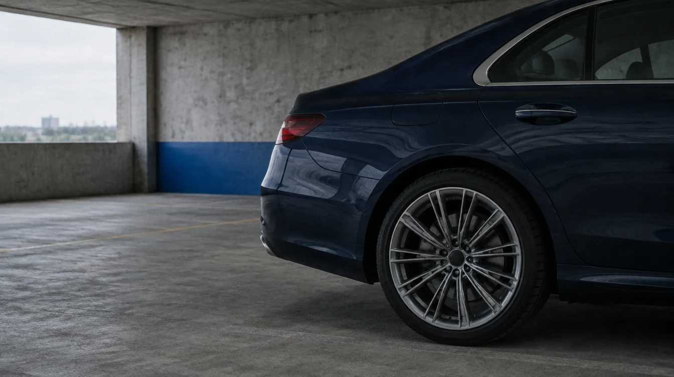The rear fender of a dark navy sedan in a raw concrete garage in flat daylight, a band of cobalt wall behind